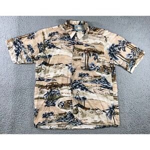 Vintage Hawaiian Shirt Men L Tan Woody Car Tropical Rayon S/S Scenic Classic 90s